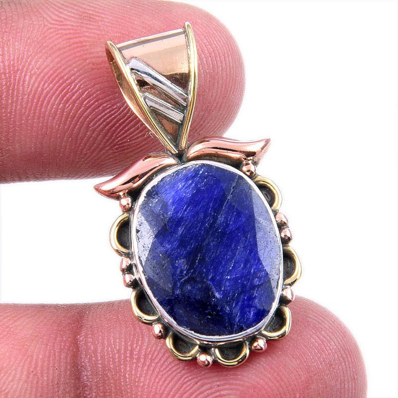 

Sapphire(Simulated) Handmade 925 Sterling Silver Two Tone Pendant 1.25 w1M07