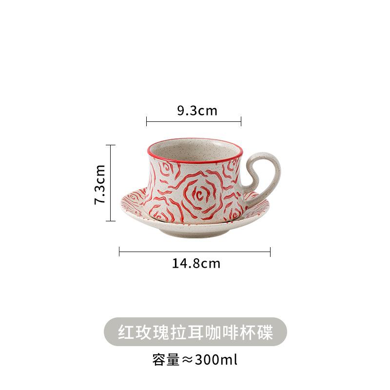 

Hand Drawn Rose Ceramic Coffee Cups and Plates Afternoon Tea Cup Vintage Water Cup Breakfast Cups Dessert Plate Milk Mug 201-300ml красный