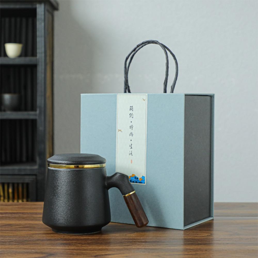 Ceramic Tea Cup with Lid Tea Separation Cup Filter Water Cup Creative Wooden Handle Cup Office Cup Gift Cup