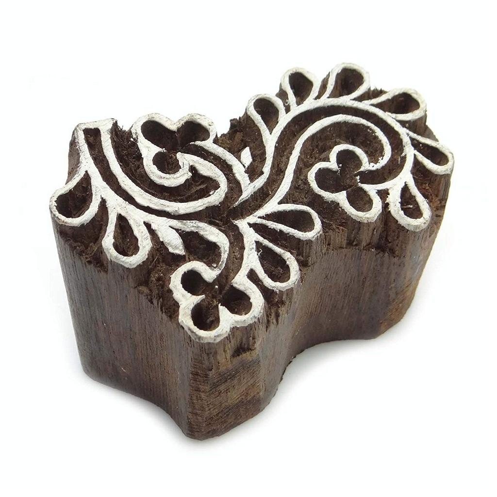 Paisley Border Stamp Textile Printing Block Brown Handcarved Stamp Wooden