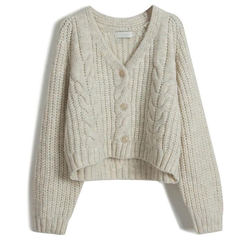 Loose Japanese Korean Style Autumn Winter Short Sweater Coat Women's Cable Knit Preppy Style Long Sleeve Knit Cardigan Top