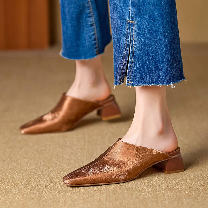 Fashion Women's New Spring and Summer Square Head Leather Retro Cow Leather Large Size Simple and Comfortable Baotou Muller Slippers