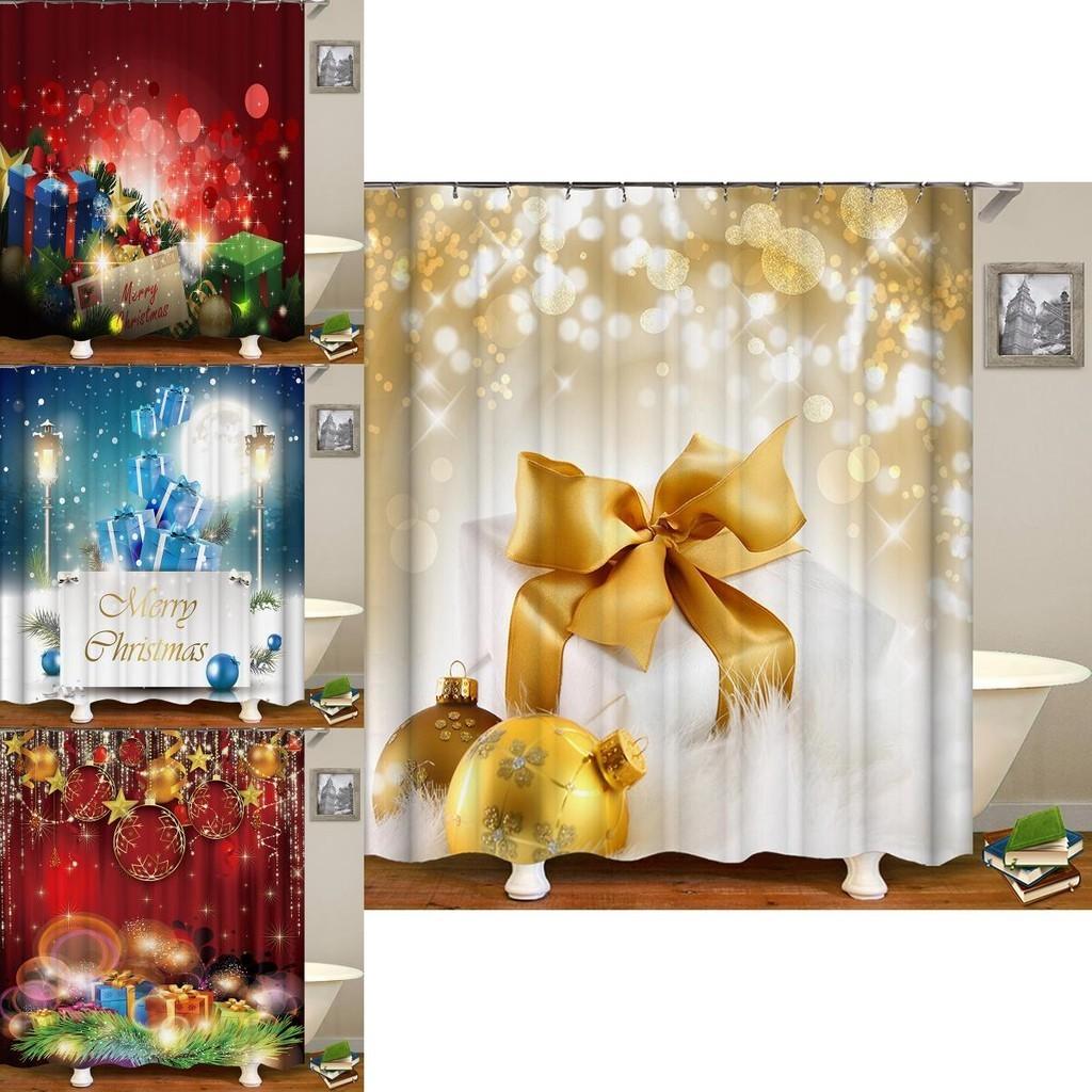 Festive Christmas Gift Boxes In Snow Shower Curtain Waterproof Fabric With Hooks