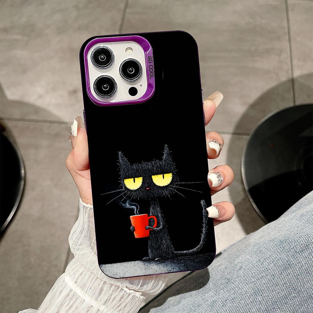 Cute Coffee Cat Purple Translucent Mobile Phone Case for iPhone 17 16 15 14 13 12 11 X XR XS Air Pro Max Plus Colorful Cover