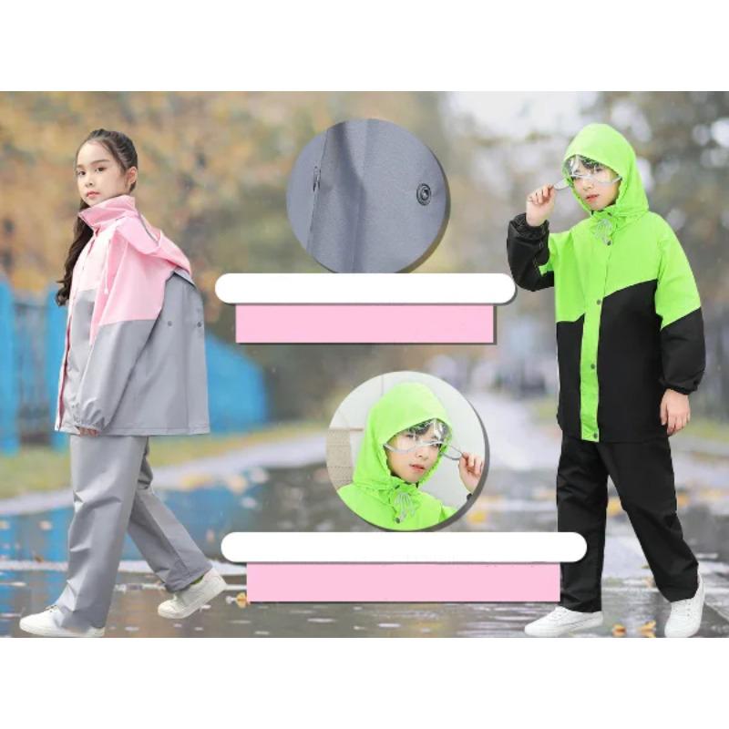 Kids Waterproof Suit Hooded Raincoat Jacket Trousers Set Puddle Suit Zip Boys Girls