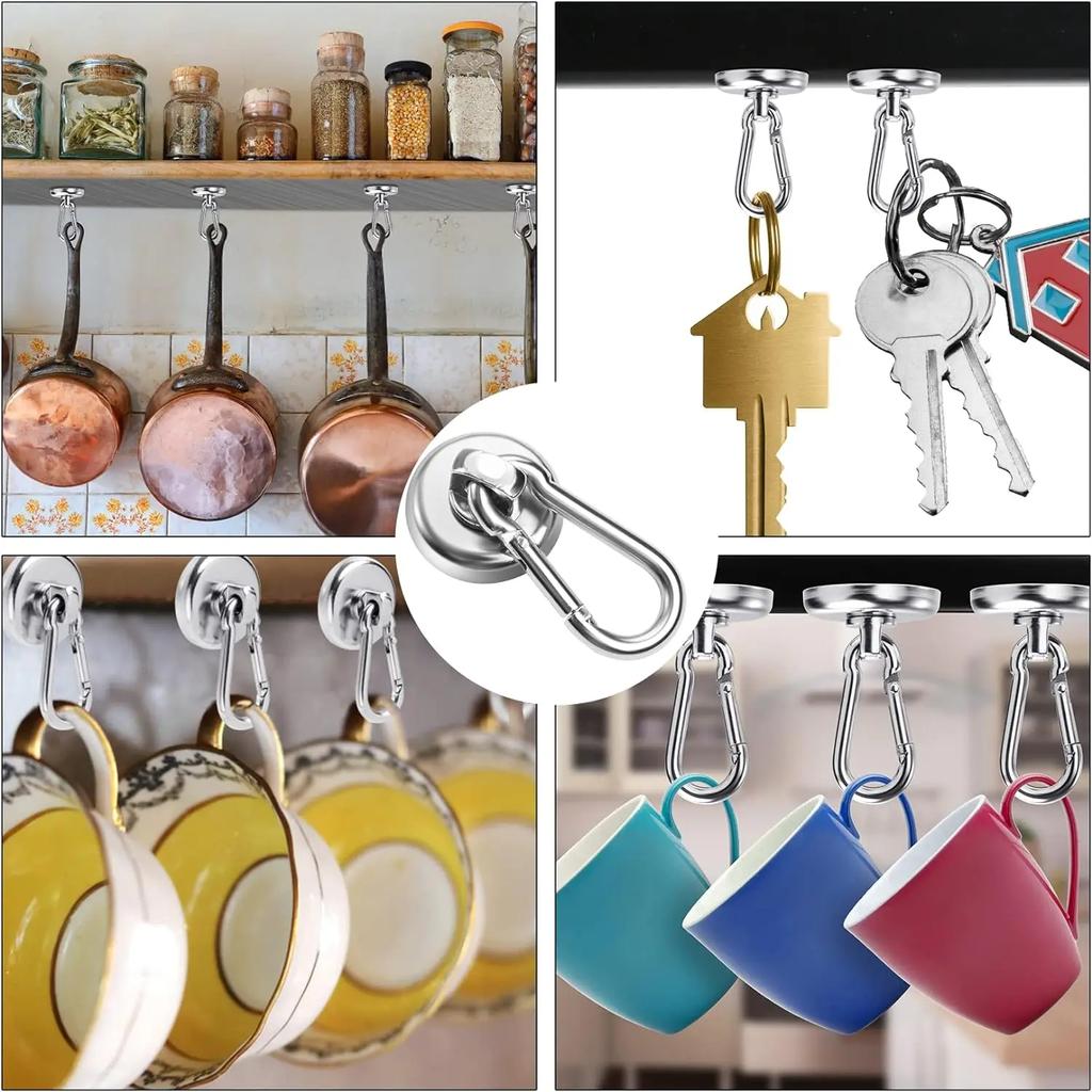 1-20PCS Strong Neodymium Magnetic Hooks Keychain Hooks 360°Rotating Carabiner Magnetic Ring Home Kitchen Bathroom Hanger
