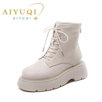 Mode AIYUQI Stiefeletten Damen Echtes Leder Plateau 2025 Neue Herbst Fleece Stretch Stiefel Damen Mode Damenschuhe