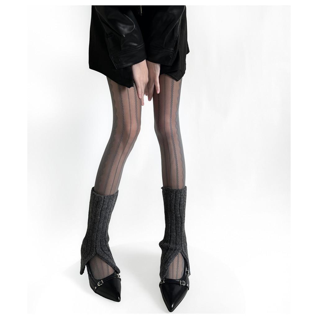 Autumn and Winter Grey Jacquard Silk Socks Pure Desire Vertical Strip Bottom Socks Spicy Girl Fold Wear Versatile Bottom Pantyhose Spring and Autumn