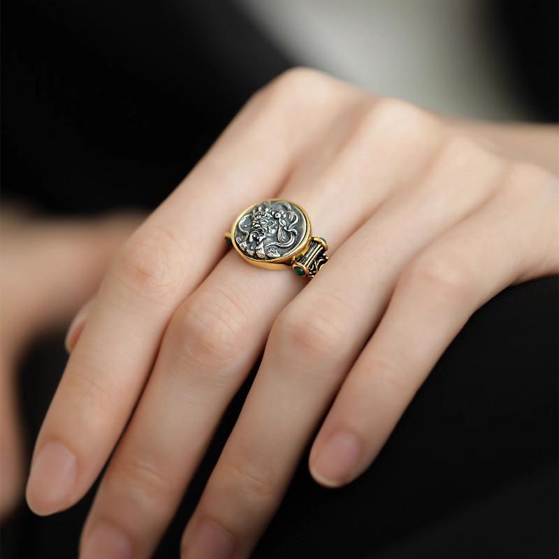 Unique Vintage Tibetan Style Green Zircon Copper Ring For Women With Adjustable Size