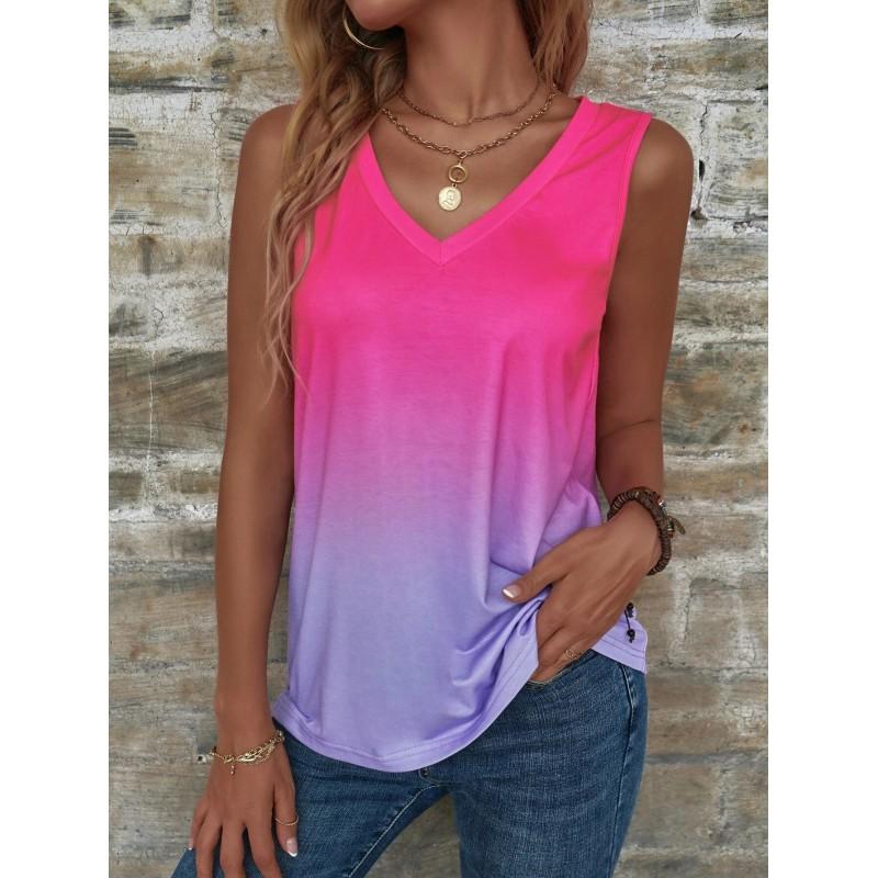 Gradient Print V-Neck Sleeveless Top Women Soft Cotton Blend Loose Fit Breathable Casual Tank