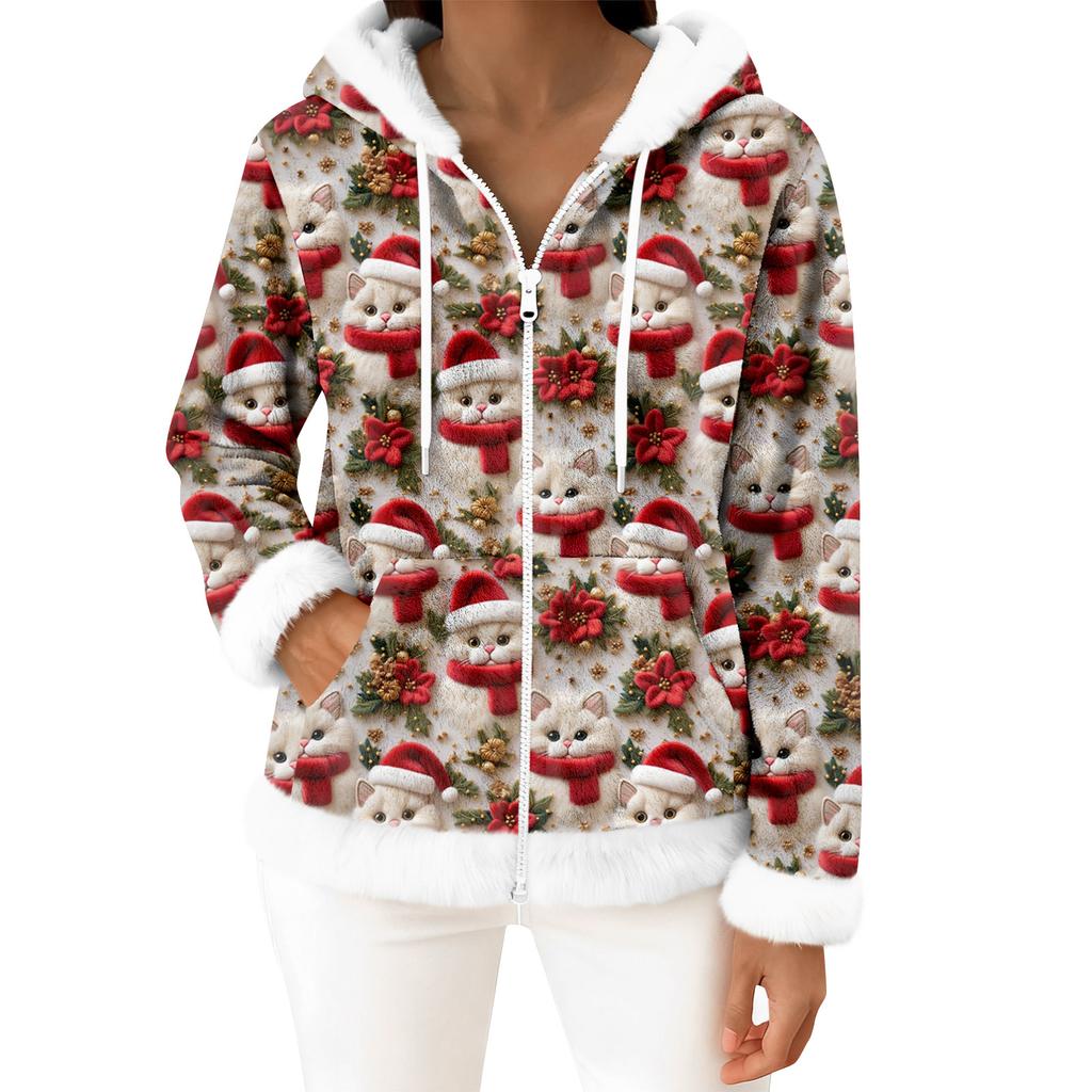 Women's Casual Fashion Long-Sleeved Zip-Up Fleece Hooded Cardigan