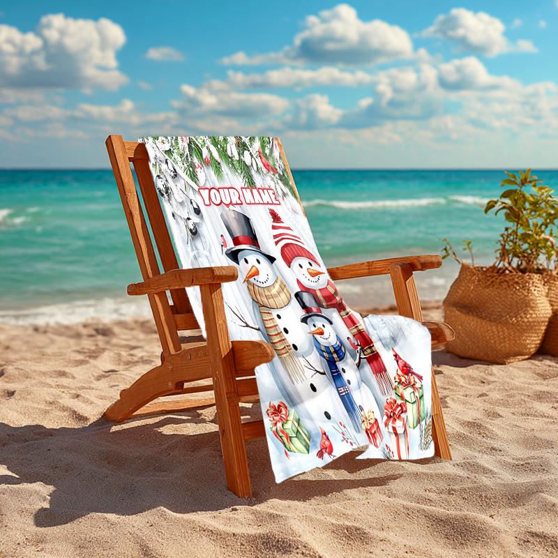 1PC Custom Name Winter Snowman Family Scene Beach Towel Highly Absorbent And Sand-Resistant Towel for Swimming, Pool, Yoga, And Travel Lightweight