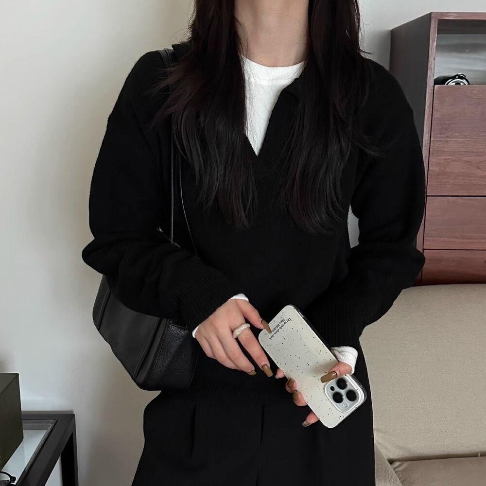 V-neck Sweater Loose and Laid-back Style Knitted Polo Shirt for Women In Autumn and Winter Long-sleeved Casual Pullover Warm Top