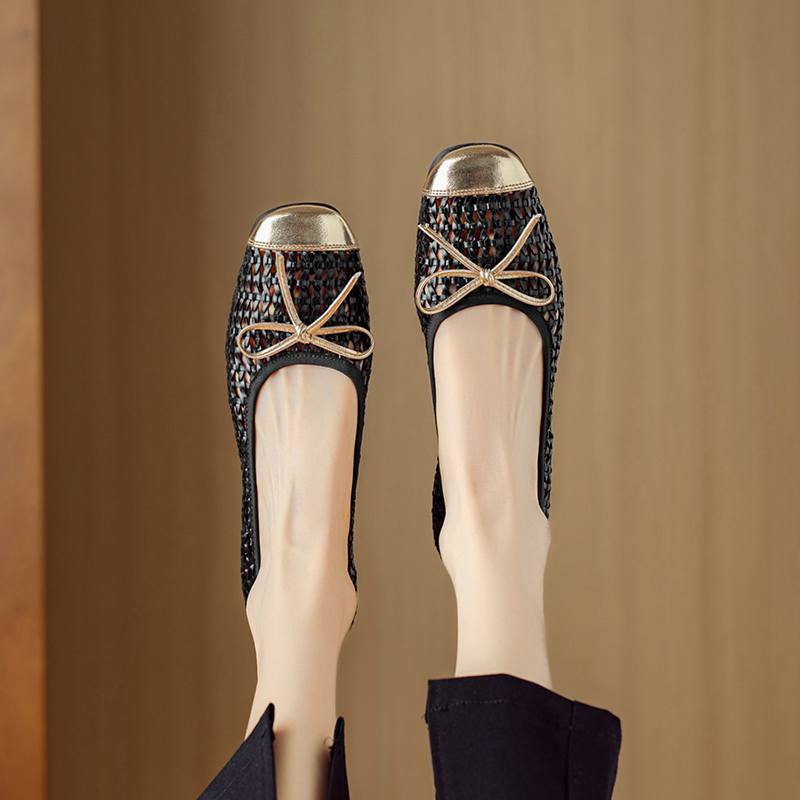 Krazing Pot Cow Skin Weaving Summer Size 41 Low Heels Party Shoes Women Square Toe Gladiator Butterfly-knot Hollow Out Pumps