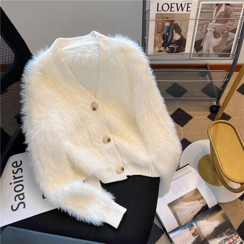 

Осень-зима Женский однобортный свитер с V-образным вырезом из искусственного меха норки и мохера, мягкий вязаный свитер, кардиган, пальто, куртка One Size белый