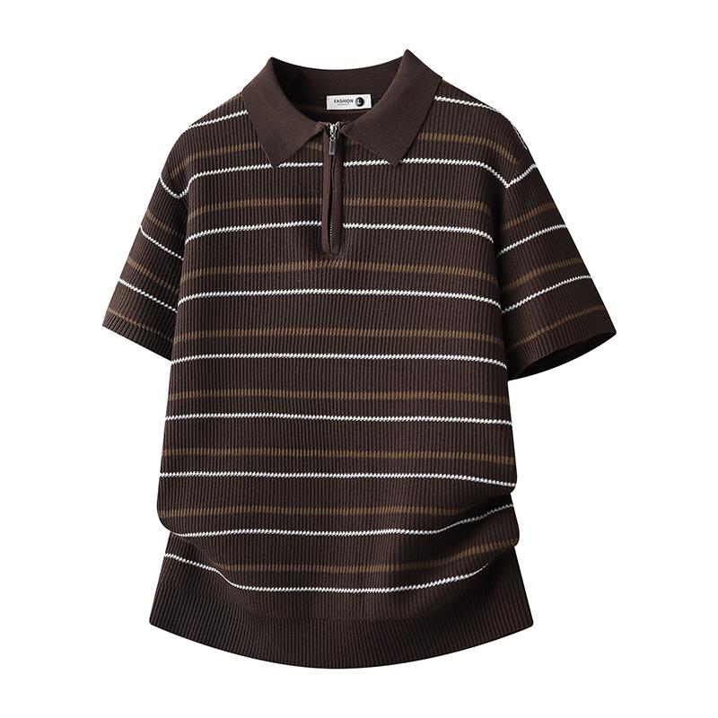 Old Money Style Ice Silk Knitted POLO Shirt Men s Thin Half-Zip Striped Polo Shirt Men s Short Sleeve Cool Ice Silk Lined T-Shirt 2XL кофейный