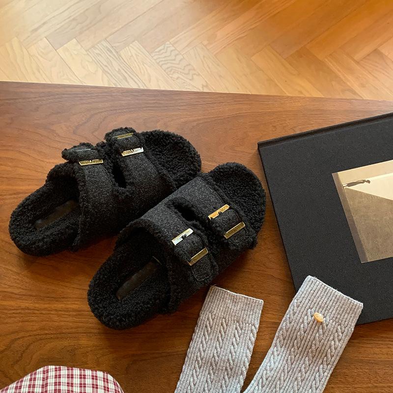 Soft Fur! Thick-bottomed Mao Mao Boken Slippers for Women's Outerwear 2025 Autumn and Winter New Versatile Double-buckle with Lazy Slippers