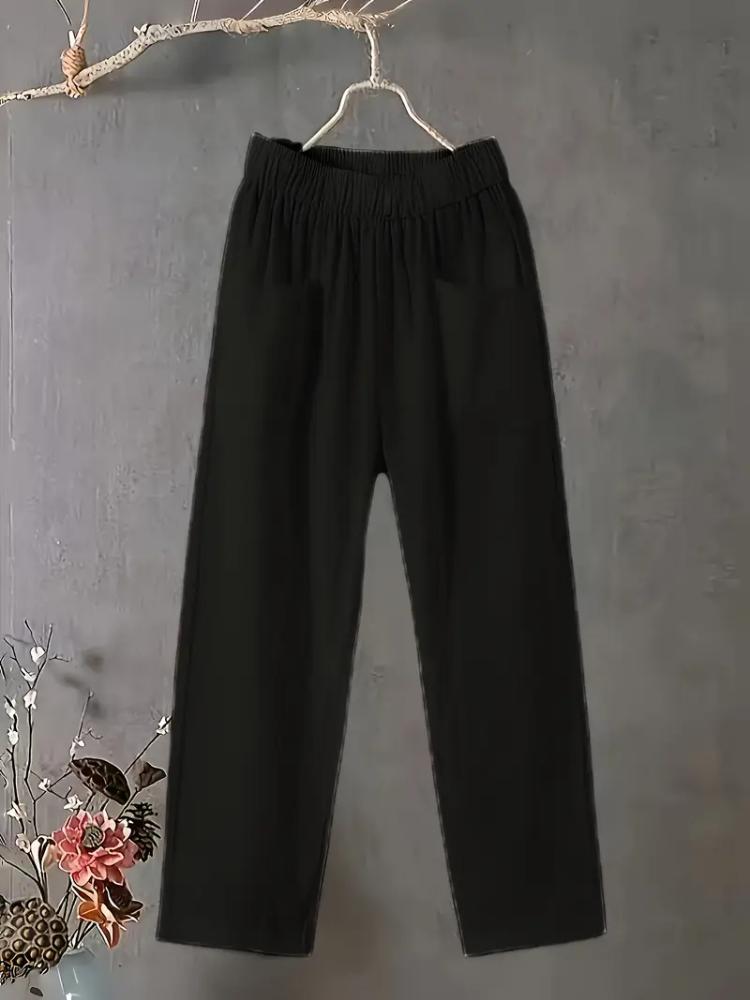 Damen Übergröße Leichte Baumwoll- und Leinenhose mit geradem Bein - Lässiger weißer Harem-Stil, Elastischer Bund, für Frühling/Sommer/Herbst