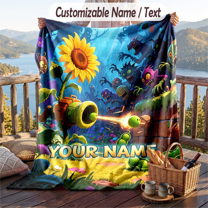 Plants vs. Zombies Flannel Blanket, Personalized Custom Name Text, Soft Warm Plush Throw Blanket For Gift