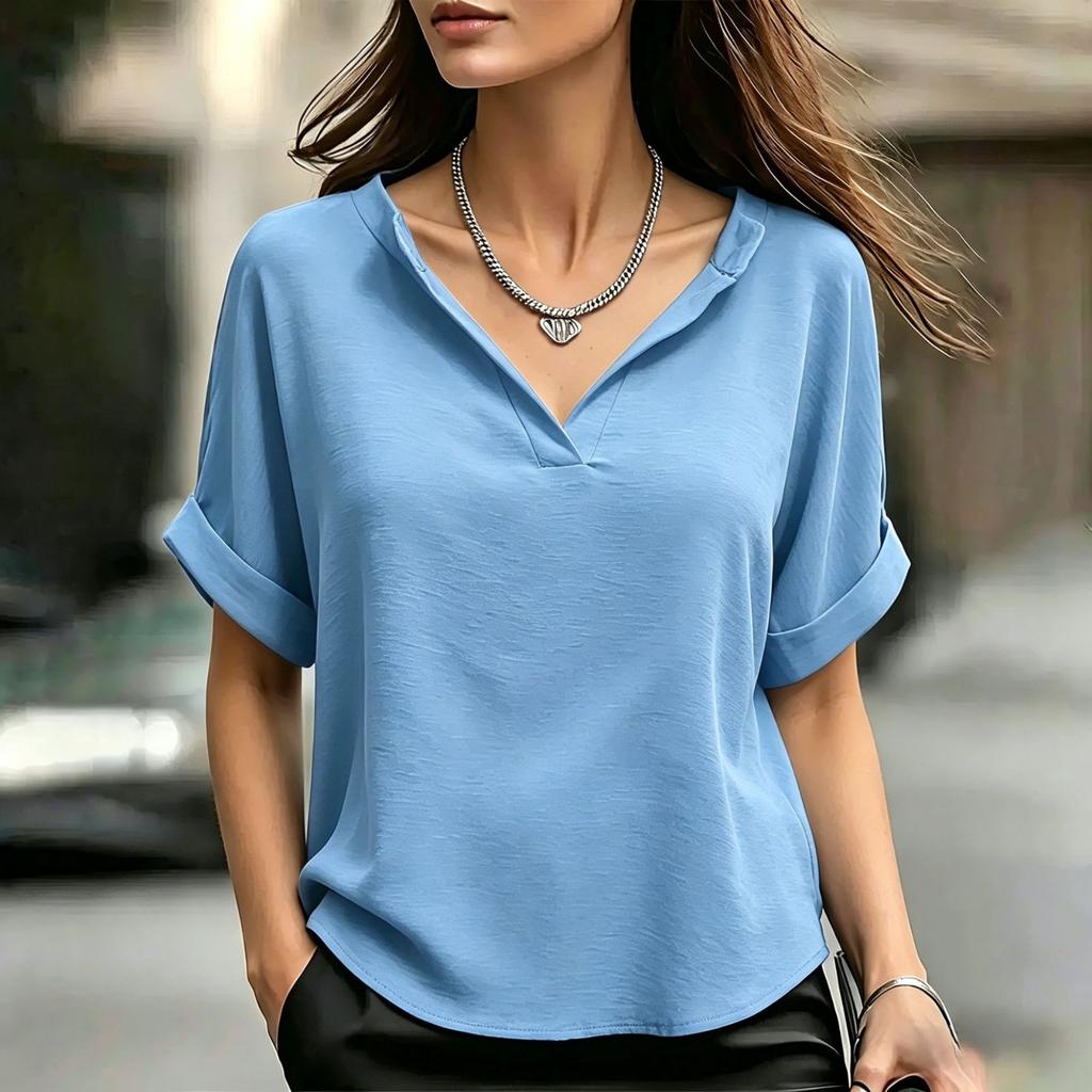Women V Neck Short Sleeve Loose Fit T Shirt Casual Basic Lightweight Blouse with Rolled Cuffs for Daily Wear Work Travel