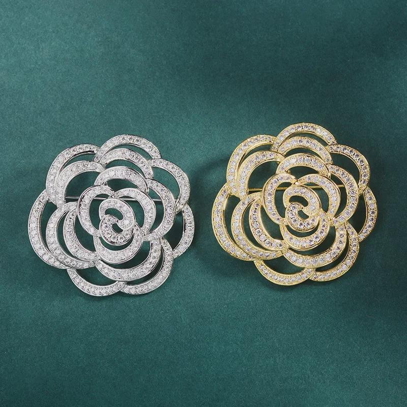 European and American Fashion Gold-Plated Copper Rose Brooch with Zirconia for Weddings