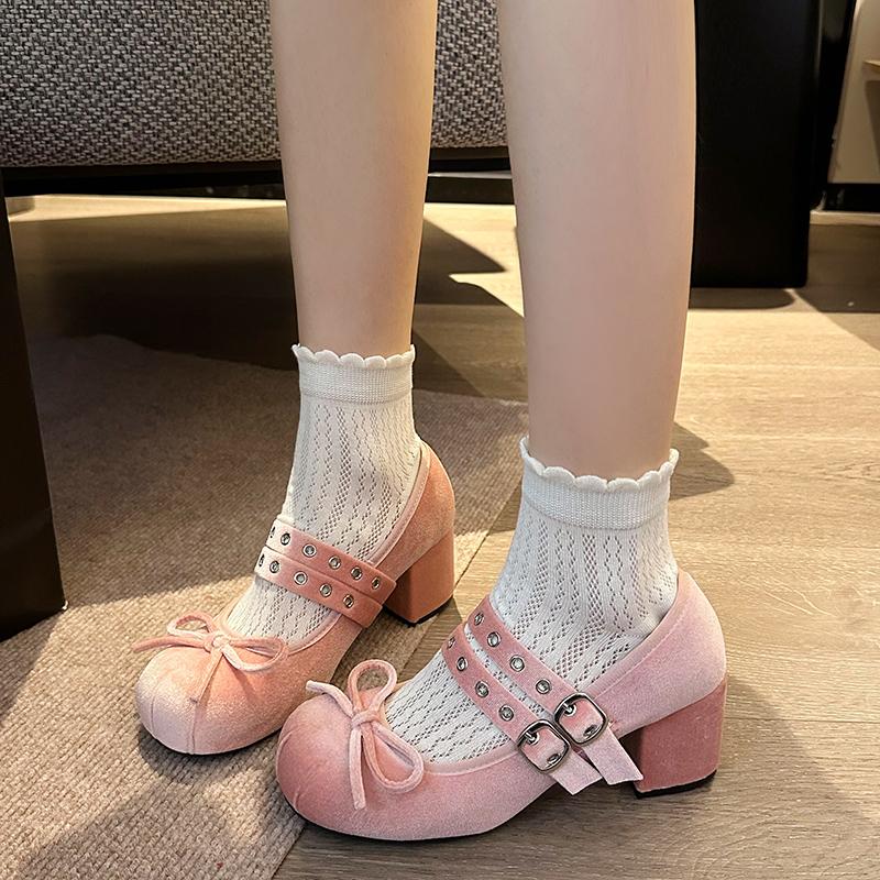 Mary Jane Single Shoes Spring New Round Head Shallow Mouth Suede Bow Rivets Line with Non-slip Thick Heel Shoes
