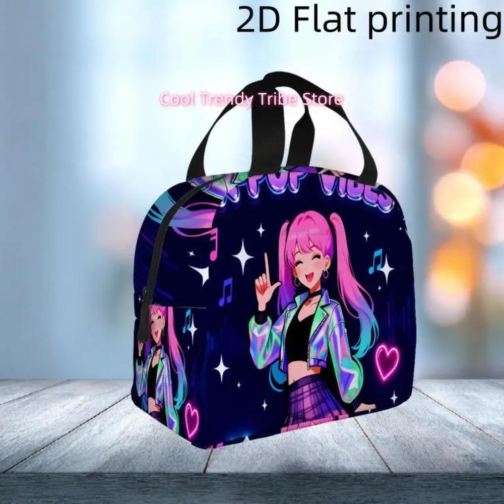 1pc, K-pop Girl with Pink Hair and Vibrant Outfit. Printed Insulated Cooler Bag - Reusable Portable Hot Cold Bag for Home Office