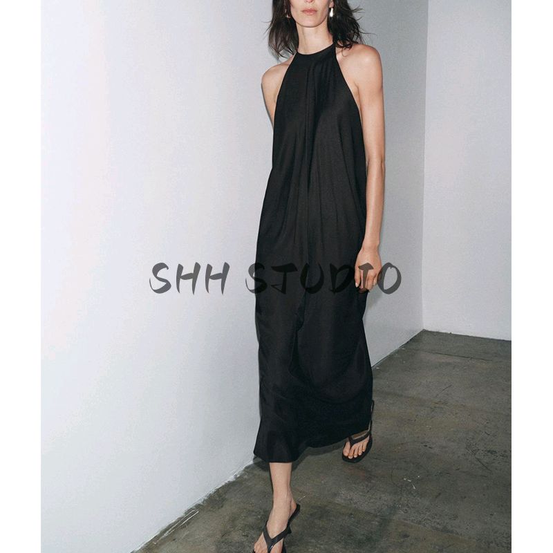 Summer Women's Pleated Decorative Viscose Blended Hanging Collar Silk Satin Texture Sleeveless Dress 3068965
