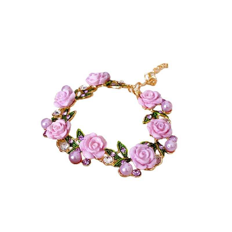 GemChic Women's Sweet Floral Rose Pearl Necklace and Bracelet Set Rhinestone Leaf Collarbone Chain Fashion Jewelry for Party Wedding