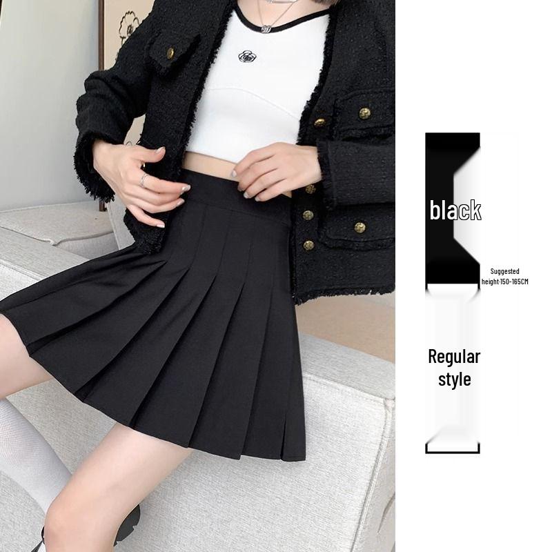 New 2024 Women's High Waist Black Pleated A-line Skirt - Short, Slimming, Summer to Autumn Style