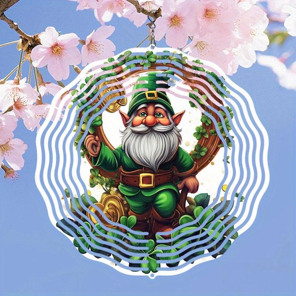 Lucky Gnome Wind Chime with Horseshoe and Clover 2D Rotating Design for Outdoor Garden Yard Decor Universal Holiday Ornament with 360 Degree Hook