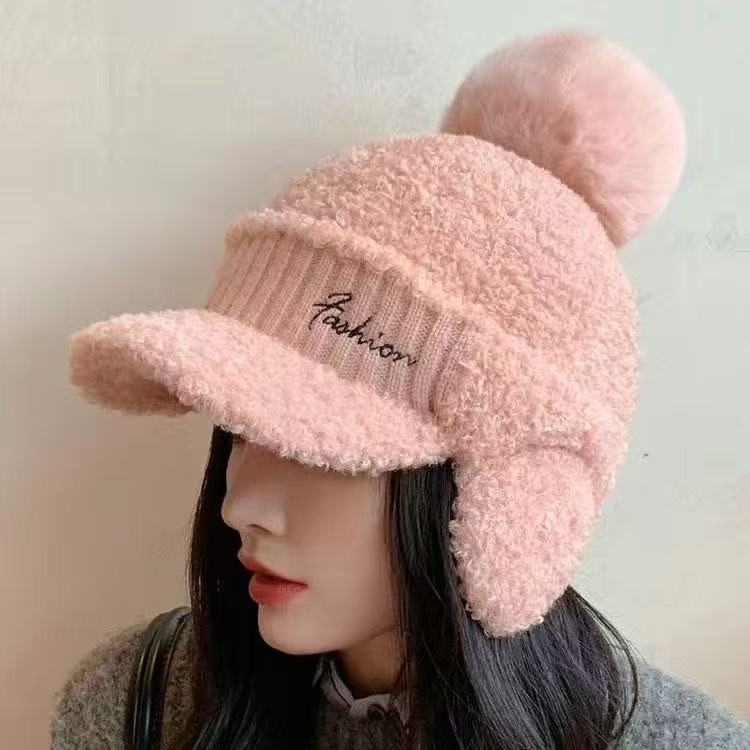 Lamb wool thermal cap women's winter thickened baseball cap cold cycling plush ear protection wool cap