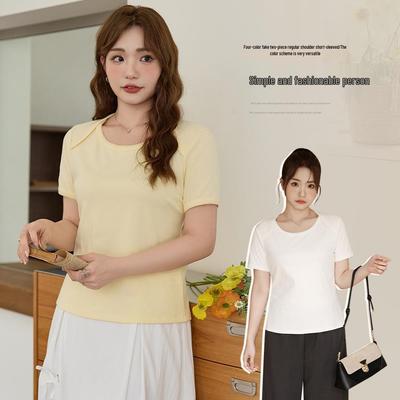 Women's Plus Size Lace Round Neck Two-Piece Look T-Shirt - Short Sleeve, Loose Fit