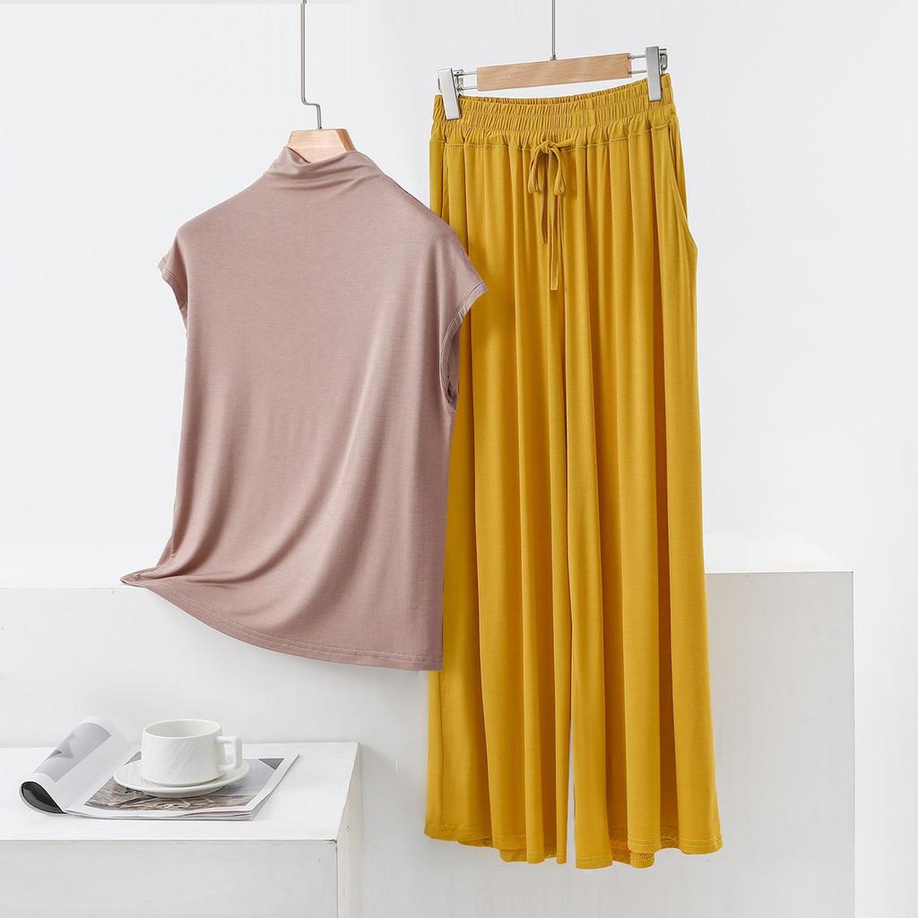 Summer High-Neck Sleeveless Top & Color Block Wide-Leg Pants Two-Piece Set