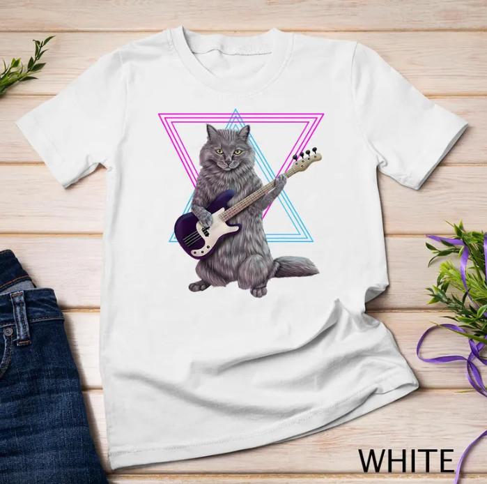 Bass Cat Rock Kitty On A Bass Guitar Cat Rock Lover T-Shirt M