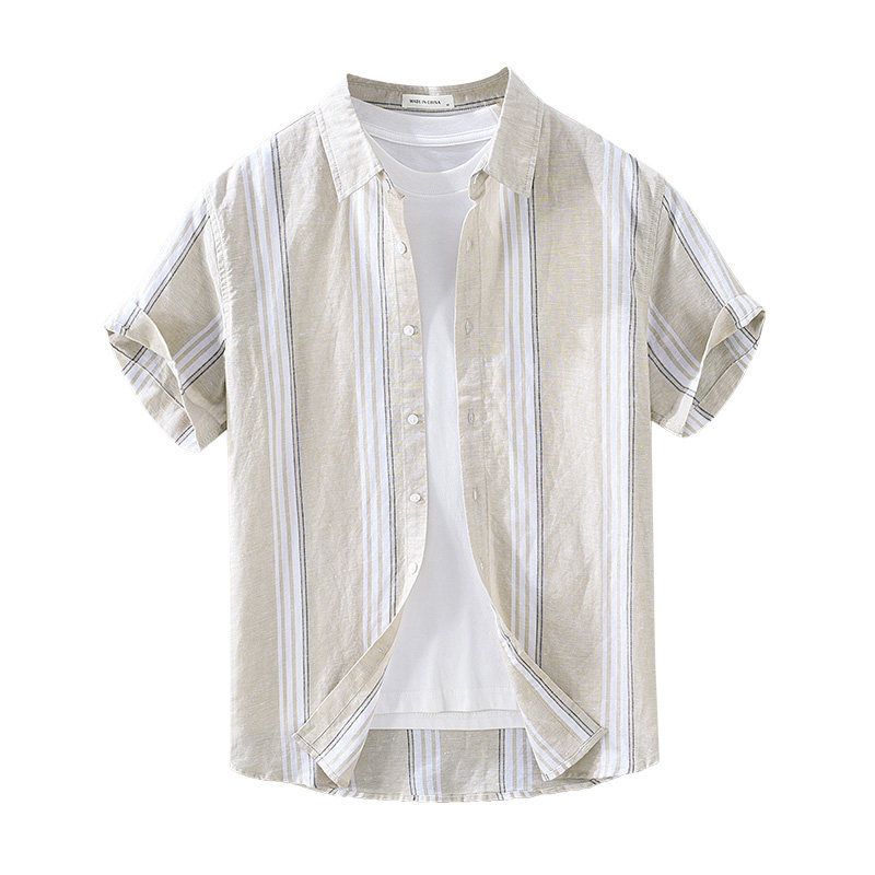 Foreign Trade Surplus Summer Striped Short-Sleeve Cotton-Linen Shirt for Men, Loose Simple Shirt, Trendy Casual Thin Top