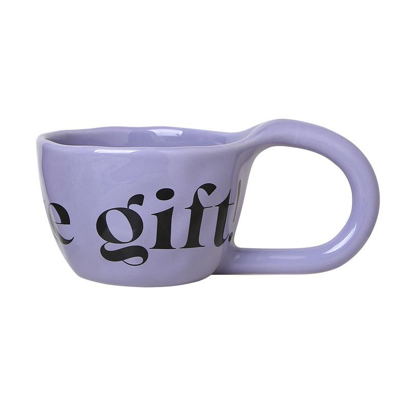 350ml Hand Pinched Irregular Coffee Cups English Alphabet Pattern Ceramic Mug Large Handle Milk Oatmeal Cup Home Water Cup