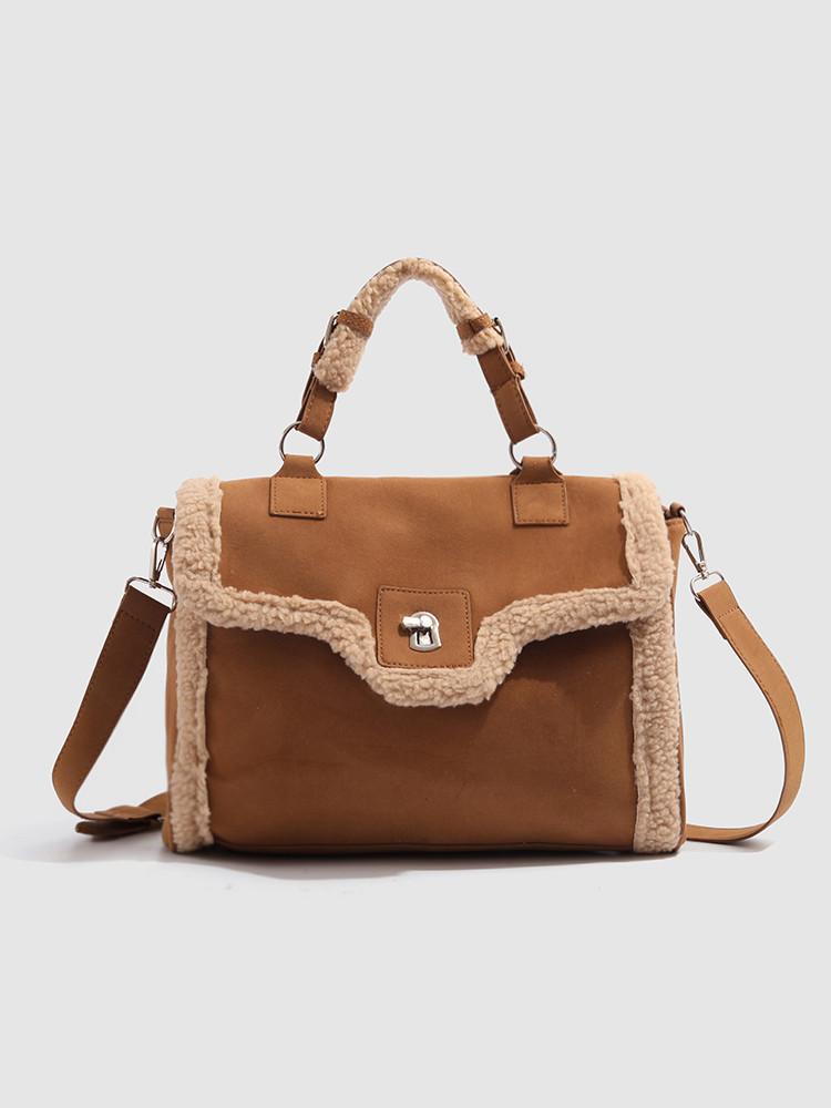 

Корейская версия большой вместимости, универсальная сумка-мессенджер через плечо для поездок на работу, новая модная сумка из стриженой овчины с лоскутным дизайном, осень-зима 2025 коричневый