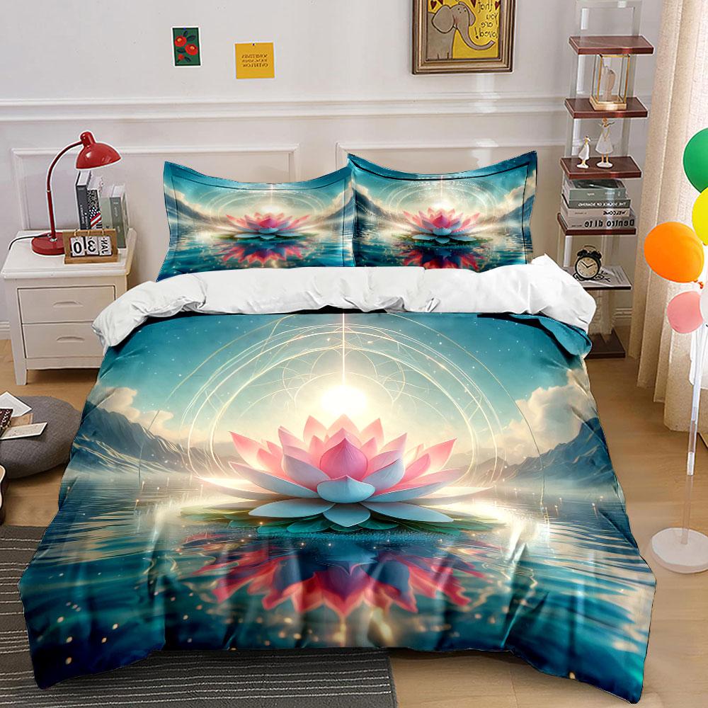 Lotus Flower Spiritual Decor Set Bedding Set with 1 Duvet Cover 2 Pillowcases Single Double King Queen, Gift