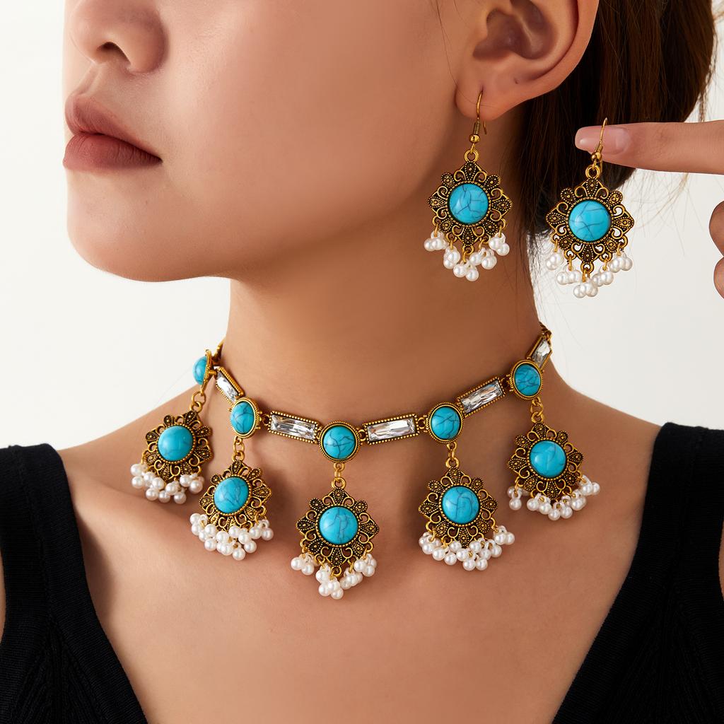 Bohemian Vintage Crystal Rhinestone Necklace and Earrings Set for Women , Geometric Ethnic Style Jewelry