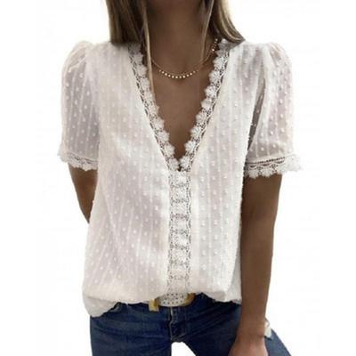 Frauen Sommer Spitze V-ausschnitt Chiffon Bluse Einfarbig Bestickt Kurzarm Top mit Futter
