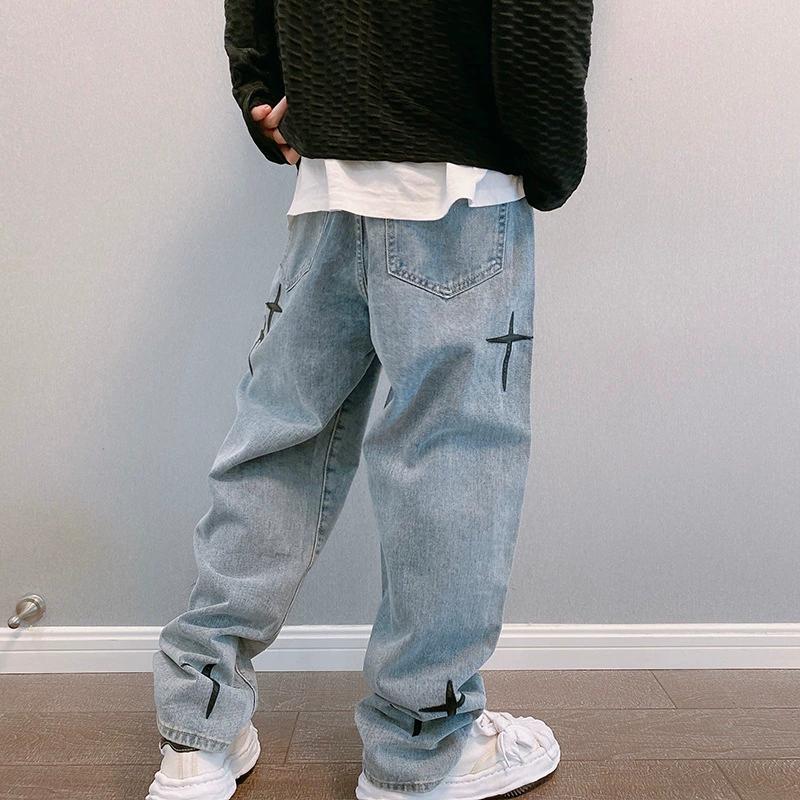 Prints Jeans Men Streetwear Baggy Wide Leg Jeans Korean Fashion Drapes Straight Casual Loose Denim Cargo Pants