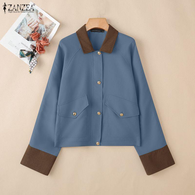 ZANZEA Women Splice Turn Down Collar Casual Long Sleeve Blouse