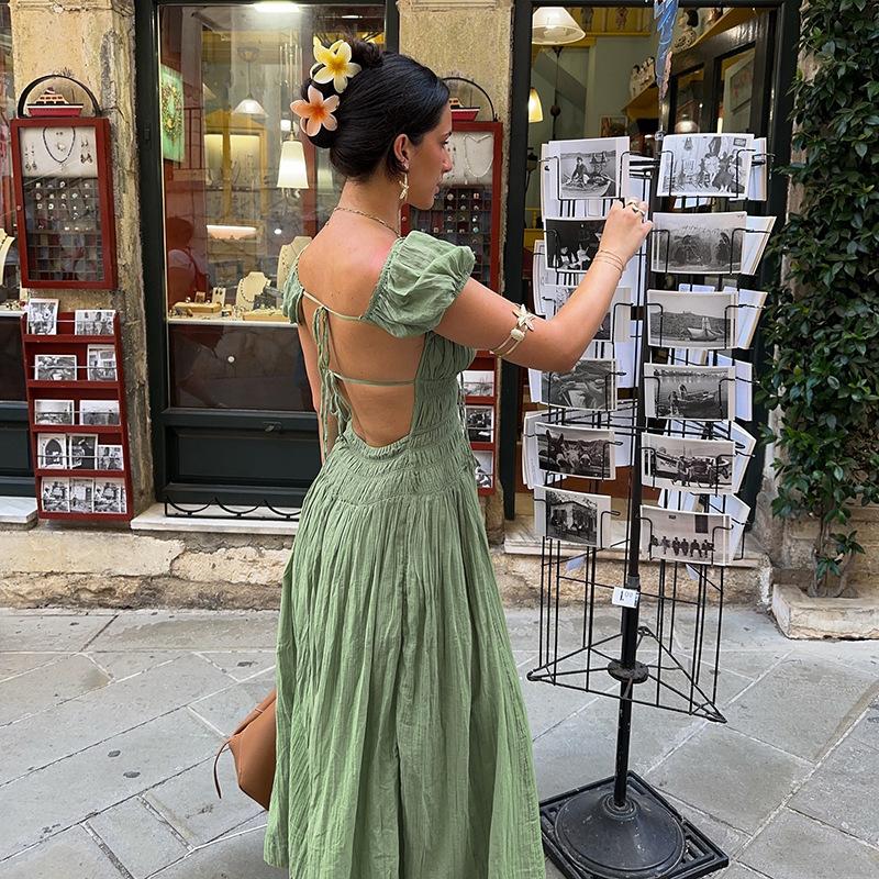 Sexy Halter Lace-up Pleated Holiday Dress Summer Square Collar Short-sleeved Ladies Party Dress Casual Beach Long Dress