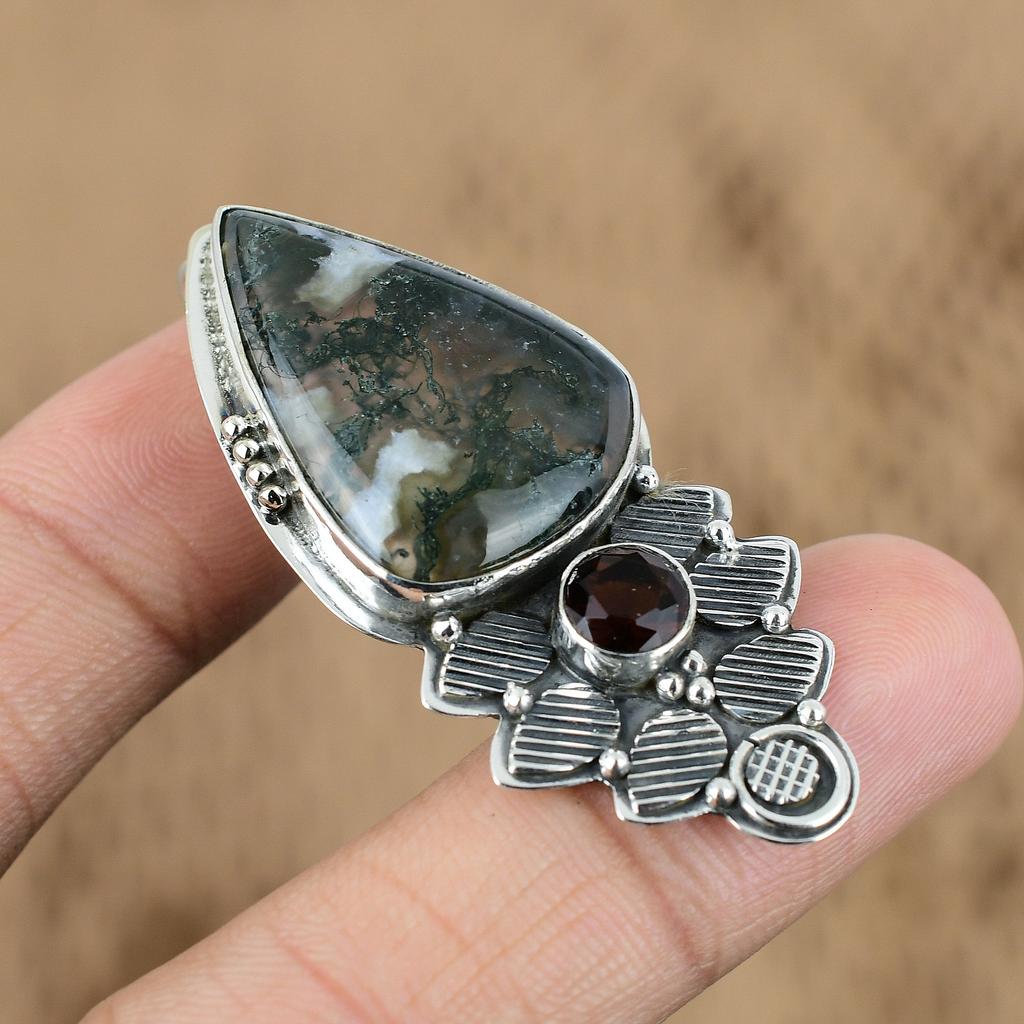 Birthday Gift For Her Natural Solar Moss Agate Gemstone Pendant 925 Silver