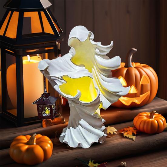 LED Witch Lantern Ornament Halloween Faceless Ghost Sculpture Holding Lantern Vintage Resin Witch Statue for Yard Patio Lawn Decor