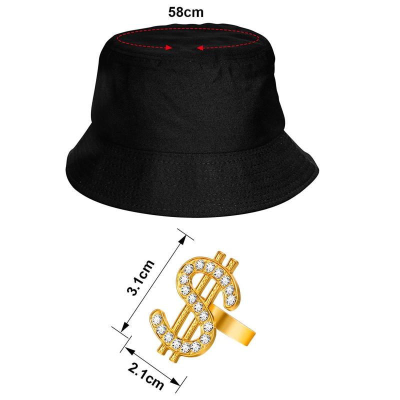 Hip Hop Kostymesett Hip-hop Dollar Halskjede Ring Bøttehatt Briller Sett For Fest Cosplay Rekvisitter
