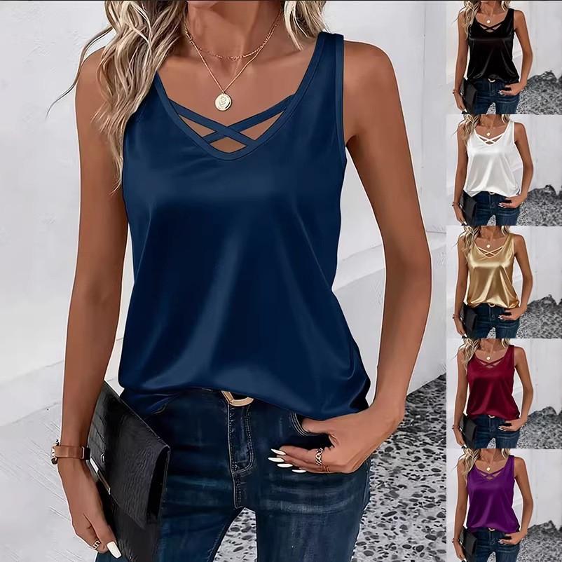 Elegante T-shirt senza maniche con scollo a V in poliestere per abbigliamento casual e da ufficio