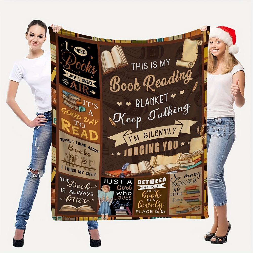GUOYU Blanket 1pc Brown Blanket Book Reading Printed Skinfriendly Warm Flannel Blanket for Home Living Room Decor for New Year Christmas Gift