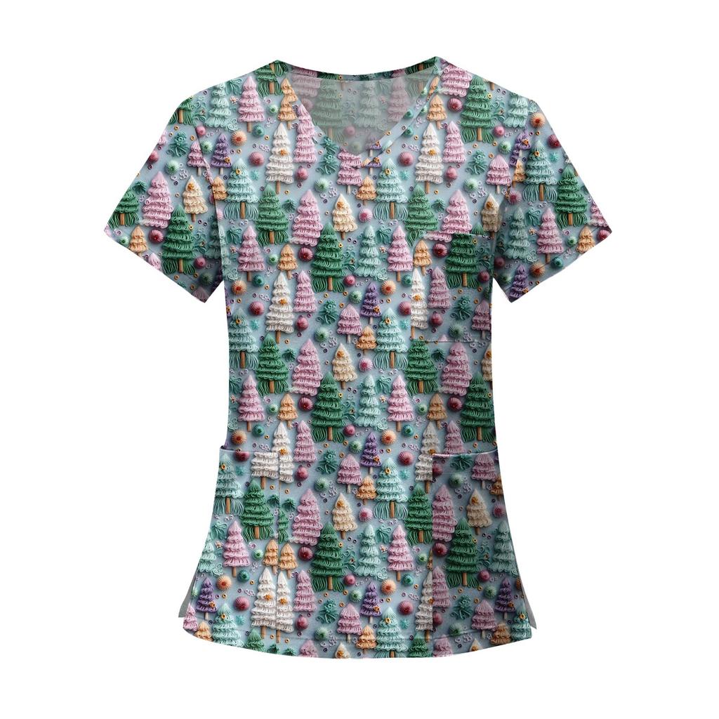 Women's Fashion Printed Short Sleeve V Neck Pattern Tops Pocket Working T-shirts